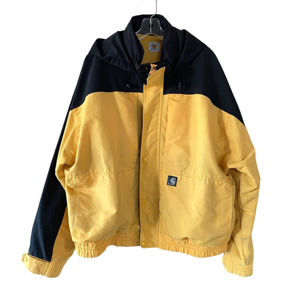 CARHARTT Workshield J105 Men's Size 2XL? Black Yellow Hooded Pockets Jacket VTG - Picture 1 of 11